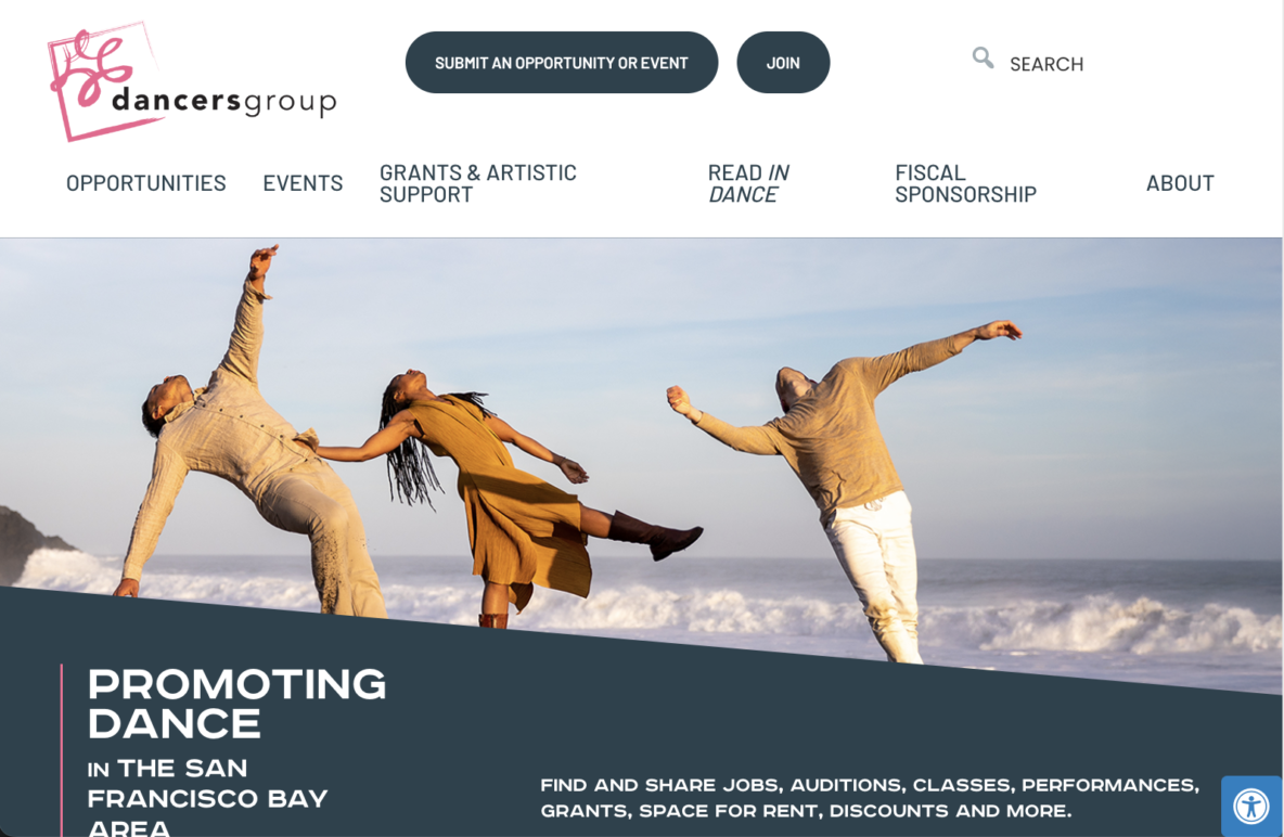 Three dancers perform expressive movements on a sandy beach with ocean waves in the background. The website header promotes opportunities and support for dancers in the San Francisco Bay Area.